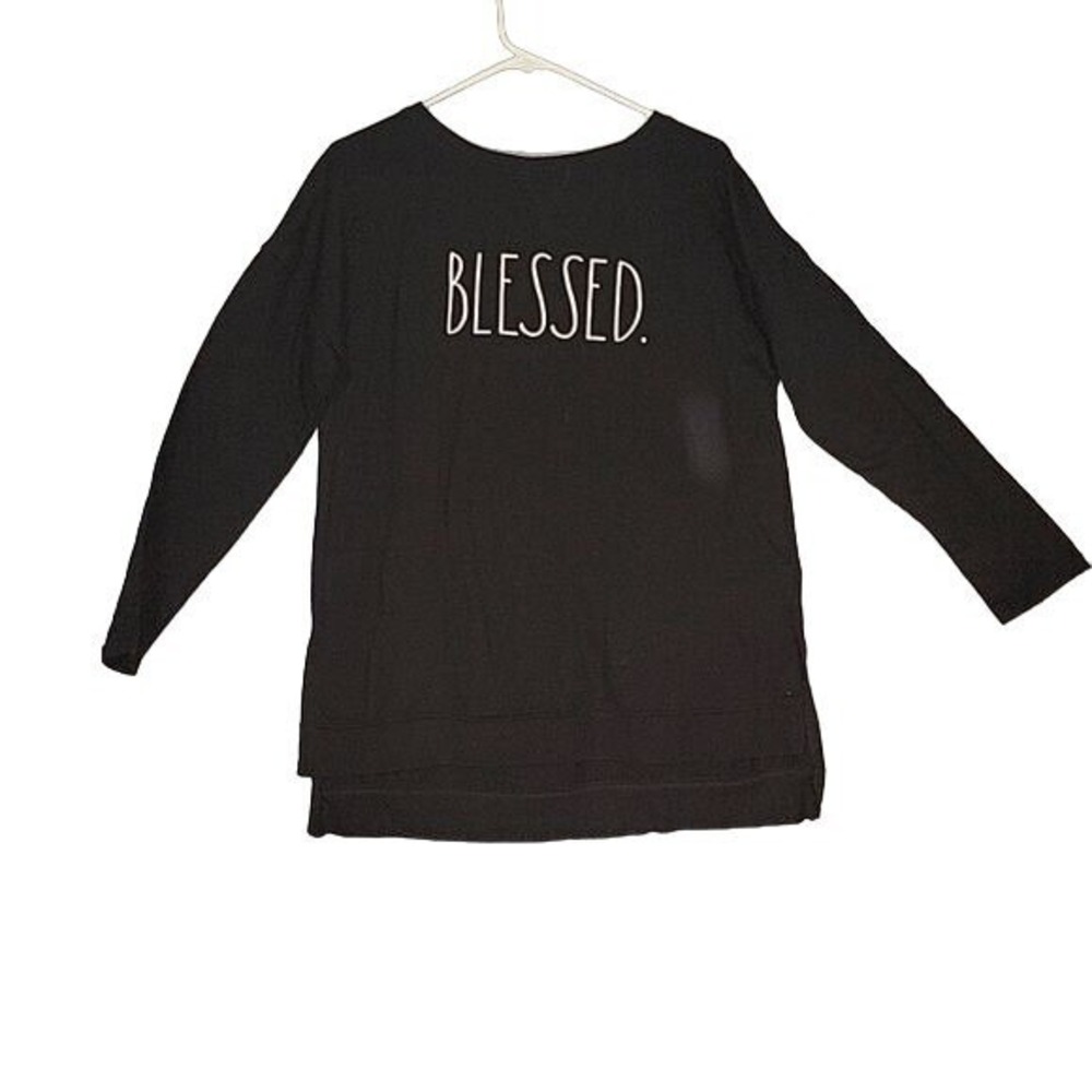 Rae Dunn Blessed Long Sleeve Tunic Top Pullover Casual Black S designer luxury